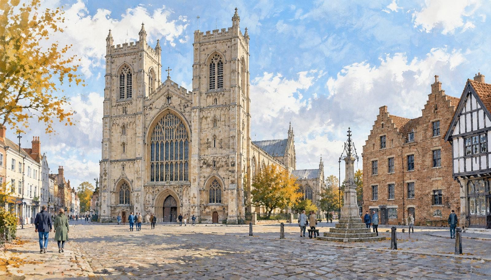 Artist's impression of the twin west towers of King's Lynn Minster above Saturday Market Place, King's Lynn