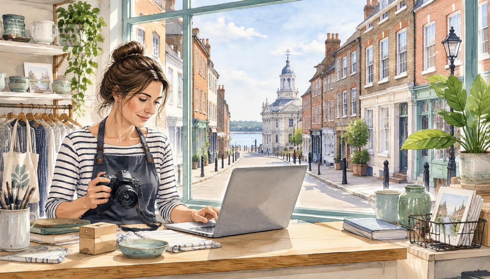 Artist's impression of a King's Lynn shop owner preparing a business listing, with Georgian townhouses and the Custom House beyond the window