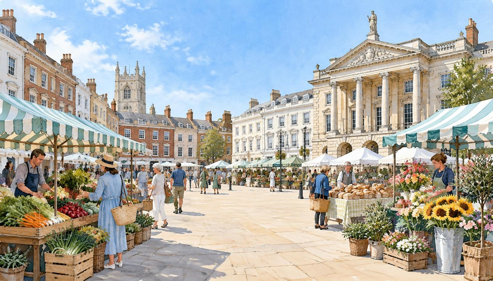 Artist's impression of market stalls on Tuesday Market Place, King's Lynn, with the Corn Exchange behind